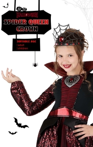Detail of Halloween spider queen crown featuring black web design and red rhinestones
