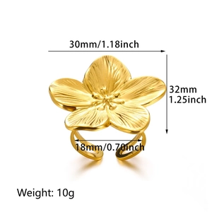 Vintage gold stainless steel flower ring with dimensions and 10g weight details