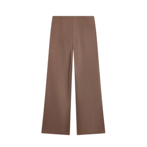 Detailed view of high-waisted brown wide-leg trousers with elegant drape and clean cut