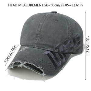 Close-up of distressed vintage baseball cap with RISE embroidery and size details