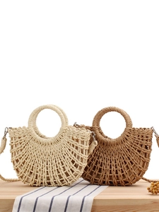 Women Paper Rope Woven Crossbody Bag Hollow Out Half Moon Summer Beach Vacation Handbag With Round Handle And Inner Lining