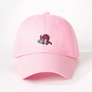 Pink cotton baseball cap featuring a cute embroidered red dinosaur drinking coffee