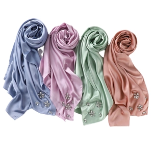 Satin bubble chiffon hijab set with luxury rhinestones in pastel colors for women