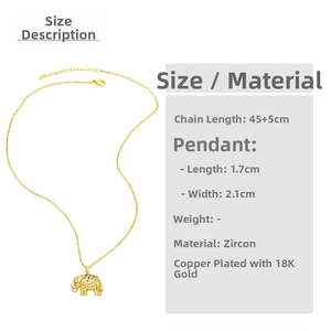 Detail view of 18K gold plated elephant necklace with measurements and zircon specs