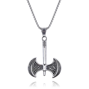 Vintage stainless steel double-headed Viking axe pendant with geometric carvings