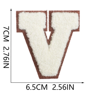 Macro shot of Chenille letter V patch with dimensions 7cm height and 6.5cm width