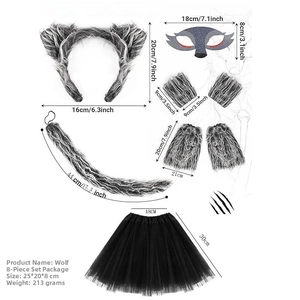 Detailed size chart for Halloween wolf costume set including ears tail and tutu dimensions