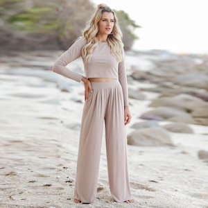 Beige long-sleeved cropped top and high-waisted wide-leg pants two-piece set for women