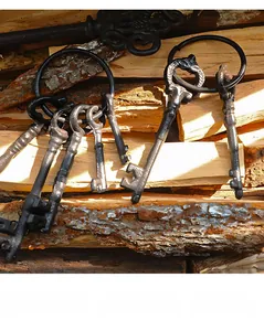 Close-up of vintage cast iron keys with rustic texture on natural wood background