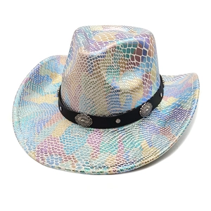 Rainbow holographic cowboy hat with snake pattern and studded black leather band