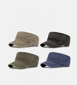 Detail showing four colors of washed cotton cadet caps with vintage distressed texture