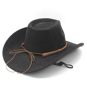 Macro view of black faux suede cowboy hat with braided leather band and adjustable chin cord