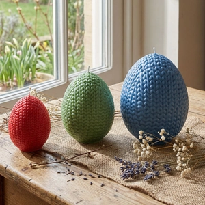 Detailed view of three knitted texture egg candles in red, green and blue on a table