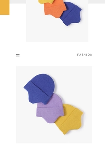 Flat lay detail of four colorful winter knit earflap hats in blue, purple, yellow, and orange