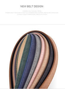 Detail of colorful matte suede thin belts with sleek D-buckle and stitching for women