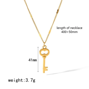 Detailed view of a gold key pendant necklace with size labels and weight measurement