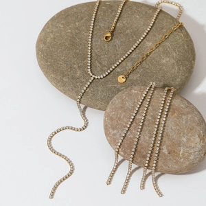 Minimalist Stainless Steel Zirconia Y-Shaped Lariat Necklace Tassel Earring Set For Women Lightweight Fashion Jewelry Gold Silver