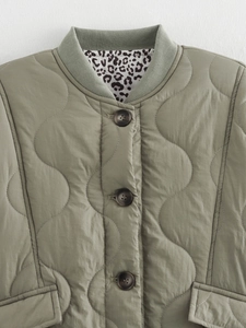 Detail of green quilted jacket showing leopard print lining and amber buttons