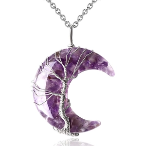 Crescent moon tree of life necklace with purple amethyst stone and silver chain