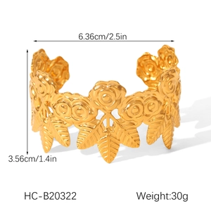 Macro shot of gold-plated 18K rose flower cuff bracelet with detailed size measurements