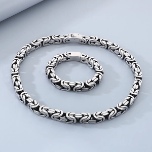 Men's punk hip-hop silver titanium steel Byzantine chain necklace and bracelet jewelry set