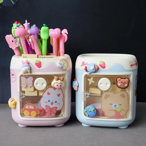 Kawaii Pen Holder Desktop Storage Box Plastic Mini Fridge Shape Large Capacity Stationery Organizer For Kids Students