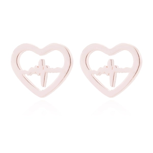 Close-up of rose gold stainless steel heart stud earrings with heartbeat pulse line detail