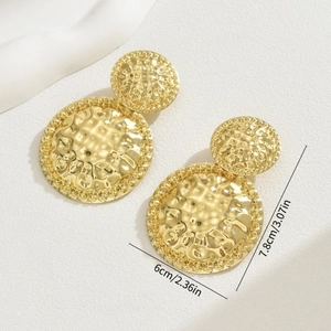 Elegant gold double circle earrings with hammered texture and 7.8cm drop length