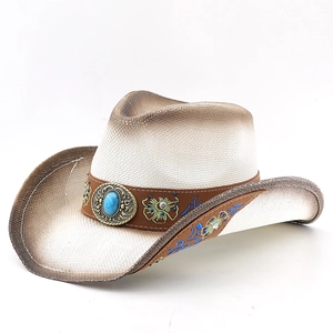 Chapeau de cowboy classique en paille avec turquoise et broderie florale vintage