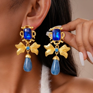 Vintage Baroque Blue Rhinestone Bow Water Drop Resin Earrings With 925 Sterling Silver Earring Post For Women