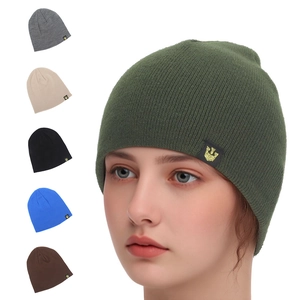 Knit Beanie Hat Acrylic Warm Windproof Solid Color With Crown Patch Outdoor Casual For Men Women