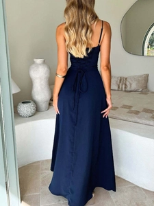 Deep blue elegant backless maxi dress with cross lace-up detail and silky satin finish