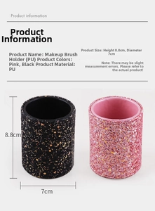 Detail view of glitter PU makeup brush holder with dimensions H 8.8cm and D 7cm