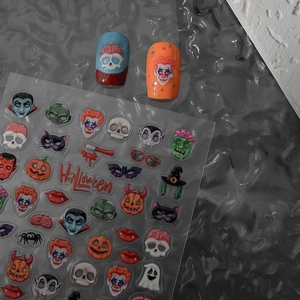 Stickers ongles 3D Halloween avec motifs crâne et citrouille sur fond en verre texturé