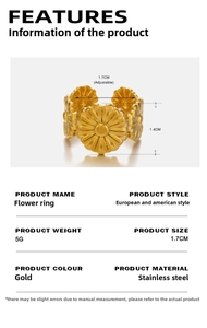 Detailed size specifications of an adjustable gold daisy flower ring in stainless steel