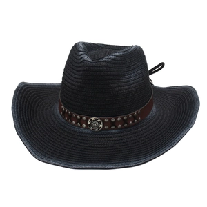 Classic black straw sun hat with brown leather rivet band for beach summer sun protection
