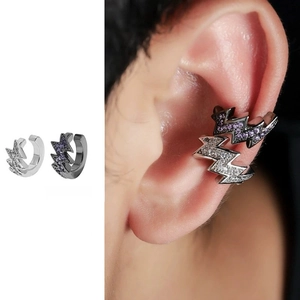 Lightning bolt ear cuffs with purple cubic zirconia crystals on a male model