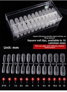 Size chart for 504pcs square false nails with dimensions for 10 different thin sizes