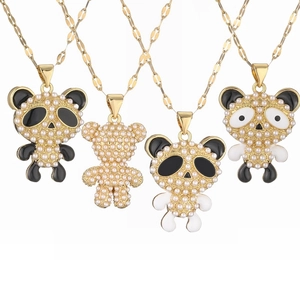 Panda Bear Animal Pendant Necklace Copper Gold Plated Imitation Artificial Pearl Enamel Fashion Jewelry For Women Girls