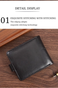 Close-up of premium black leather men's wallet with refined stitching on walnut wood background