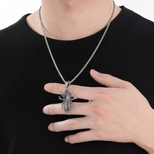 Vintage oxidized stainless steel beetle pendant necklace for men with twist rope chain