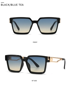 Dual view of black and blue tea square sunglasses with metallic frames and gradient lenses