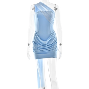 Blue mesh off-shoulder mini dress with pleated details and elegant streamers