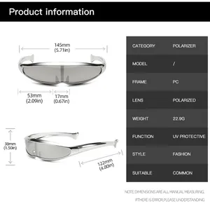 Detailed technical drawing and dimensions of Y2K polarized sports cycling sunglasses