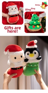 Detailed plush Santa and penguin Christmas stocking toys held to show festive texture