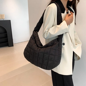 Chic black large capacity quilted puffer tote bag for women with minimalist shoulder strap