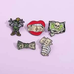 Cartoon skull and dollar bill enamel pins set for backpack and clothing accessories