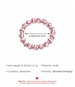 Detailed technical spec sheet for a baseball patterned acrylic beaded braided bracelet