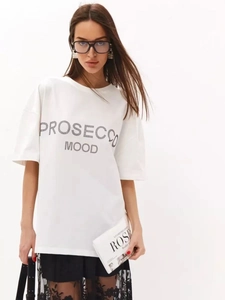 Oversized λευκό βαμβακερό T-shirt με τύπωμα Prosecco Mood από λαμπερά στρας