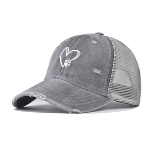 Distressed grey washed cotton trucker hat with heart paw embroidery and breathable mesh